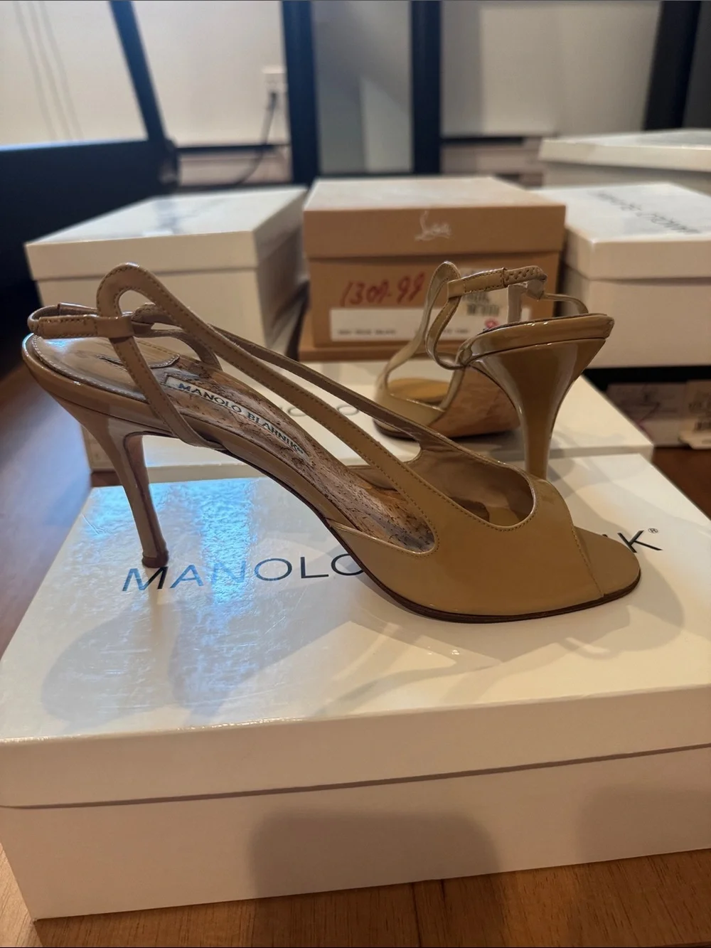 Manolo Blahnik Nude Patent Leather Slingback Peep-Toe Heels